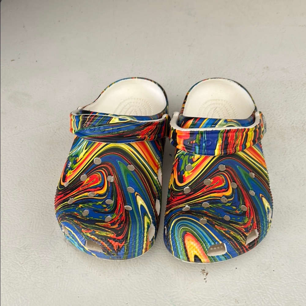 CROCS Red and Blue Sandals Vibrant Swirl Design